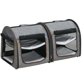 PawHut 39" Portable Twin Compartment Show House Cat Cage/Condo, Soft-Sided Pet kennel, Dual Compartment, Soft Cushions & Storage Bag, Gray
