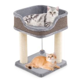2-Level Cat Furniture - Engaging Bell + Pompom Toys, Sisal + Plush + Engineered Wood Build, Ideal for Tight Spaces